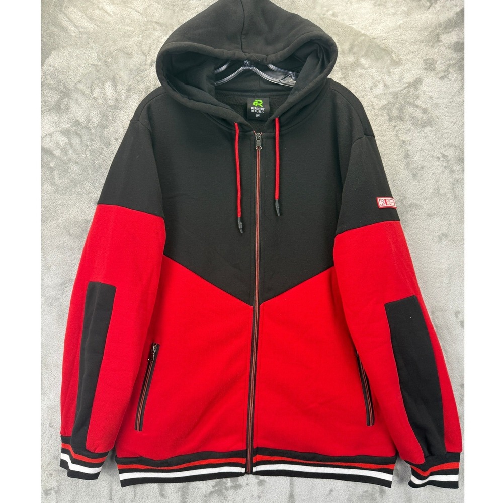 Refinery Republic Mens Red Black Colorblock Chevron Full Zip Fleece Hoodie M